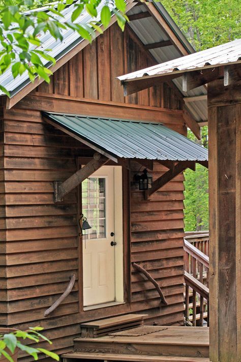 Roofing & awning idea for cottage. Also like the tree branch handholds. North Georgia log cabin, mud room entrance. Clark & Zook Architects. (Bell :-)) Shed Awning Ideas, Diy Shed Door, Awning Over Door, Porch Overhang, Front Door Awning, Door Overhang, Diy Awning, House Awnings, Porch Awning