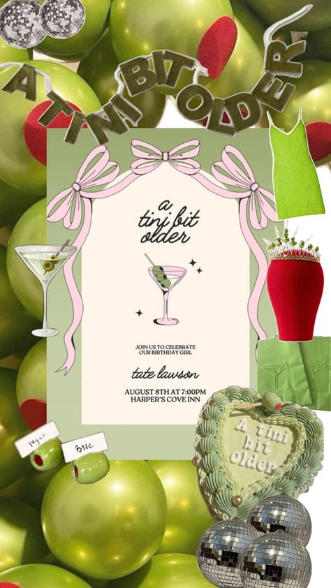 21st Birthday Ideas Green, A Tiny Bit Older Party, Birthday Martini, Martini Birthday, Birthday Cake Illustration, Martini Party, Birthday Goals, Cowgirl Birthday Party, Birthday Ideas For Her