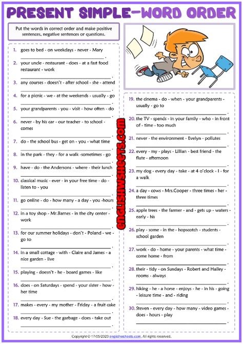 Put The Sentences In Order, Present Simple Worksheets English Grammar, Simple Present Tense Questions, Simple Tenses Worksheets, Sentence Construction Worksheets, Make Sentences Worksheet, Word Order Worksheets, Present Simple Tense Worksheet, Word Order In Sentences