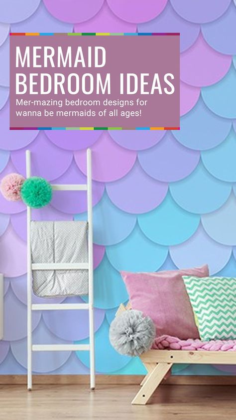 Diy Mermaid Scale Wall, Mermaid Room Aesthetic, Pink And Purple Girls Room, Ada Bedroom, Sea Bedroom Ideas, Mermaid Bedroom Ideas, Teal Girls Room, Purple Bedroom Walls, Mermaid Room Ideas Kids