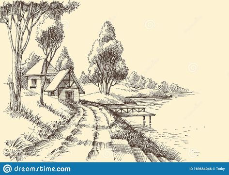 Land Sketch Pencil, Drawing Of Outside, Nature Sketches Pencil Beautiful, Lake House Drawing, Outside Drawings, Garden Sketch Drawing, Lake Sketch, Cozy Painting, Garden Sketches