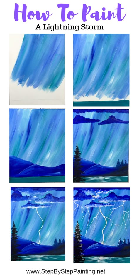 This step by step beginners acrylic painting tutorial will show you how to paint a lightning storm. Learn with detailed step by step pictures and video. Northern Lights Painting, Paintings Easy, Paint Nite, Canvas Painting Tutorials, Art Of Painting, Easy Canvas Painting, Lightning Storm, Acrylic Painting For Beginners, Canvas Painting Diy