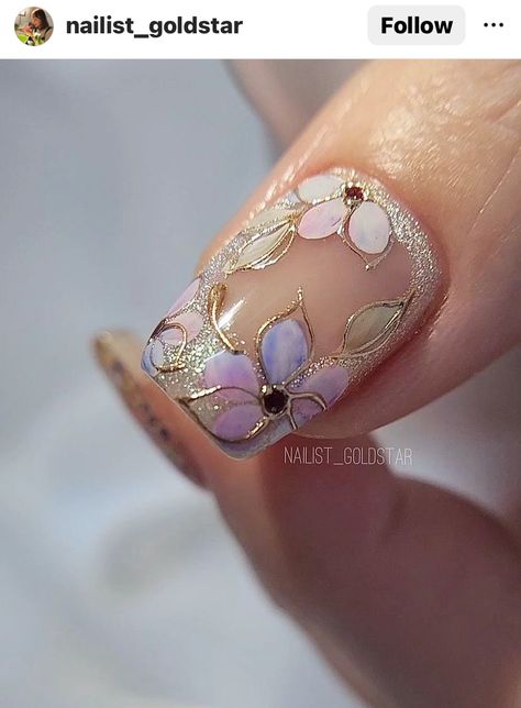 Flower Nails Elegant, Fairytale Nail Designs, Nail Designs Wedding Bridal, China Pattern Nails, Acrylic Flower Nail Designs, Nail Trends Spring, Bridal Nail Designs, Springtime Nails, Cottagecore Nails