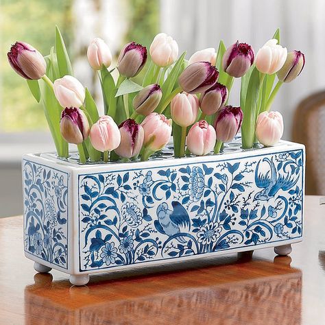 The Vintage Chateau: Flower Bricks Ceramic Tile Crafts, Leftover Tile, Blue White Decor, Tile Crafts, Tulips In Vase, Blue And White Vase, Tile Projects, Unusual Flowers, White Vase