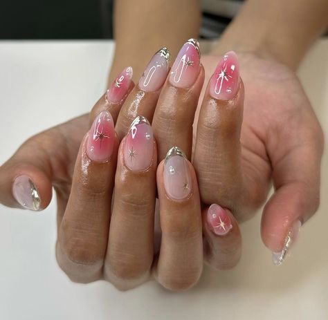 Pink Chrome Nails With Pearls, Pink Opal Nails, Famous Nails, Rounded Acrylic Nails, Concert Nails, Pink Chrome Nails, Airbrush Nails, Simple Gel Nails, Summery Nails