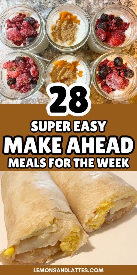 Are you all out of dinner ideas? Freezer meals and meal prep can be a huge time saver. Here are 28 super easy make ahead meals for the week! Individual Make Ahead Freezer Meals, Meals You Can Prepare Ahead, No Reheat Meal Prep, Easy Prep Ahead Dinners, Individual Freezer Meals For One, Meal Prep For Seniors, Make Ahead Meals For The Week, Freezer Meals For 2, Prep Ahead Dinners