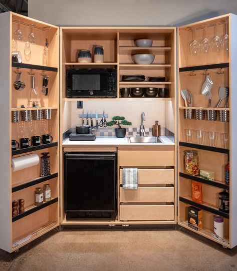 Open the Doors to Functional Living - Colorado Homes & Lifestyles Armoire Kitchen, Micro Kitchen, Small Kitchenette, Senior Living Facilities, Space Saving Kitchen, Studio Living, Kitchen Concepts, Modern Tiny House, Colorado Homes