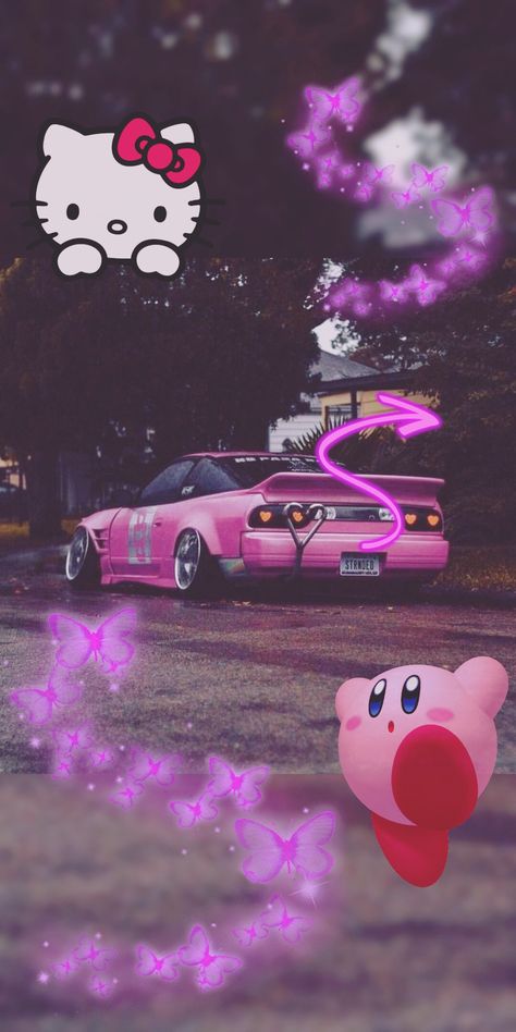 JDM car hello kitty kirby phone wallpaper Purple Cars Wallpaper, Purple Cars Aesthetic, Pink Jdm Wallpaper, Car Astethic, Car Hello Kitty, Cars Hello Kitty, Purple Cars, Hello Kitty Car, Cars Aesthetic