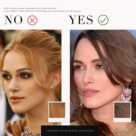 Refining Keira Knightley’s hair through a colour analysis lens reveals her as a Dark Autumn / Deep Autumn, leaning towards warmth. Optimal harmony with her natural beauty is achieved when her hair tone aligns with these characteristics. Hence, hues that are excessively warm and light disrupt this balance. . #coloranalysis #colouranalysis #keiraknightley #deepautumn #darkautumn #autumnpalette Keira Knightley Hair, Keira Knightley Style, Autumn Deep, Soft Autumn Color Palette, Style Analysis, Colour Analysis, Deep Autumn, Seasonal Color Analysis, Dark Autumn