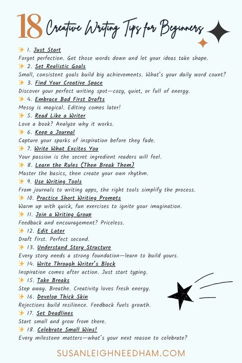 Ready to take your writing to the next level? These 18 creative writing tips are packed with advice for beginners to help you write consistently, edit effectively, and enjoy the process. Setting Development Writing, Writing Your Personal History, How To Write A Short Story Outline, Writing Novel Tips, Writing Smüt Tips, How To Write A Book, Creative Writing Aesthetic, Book Ideas To Write, Writing A Play