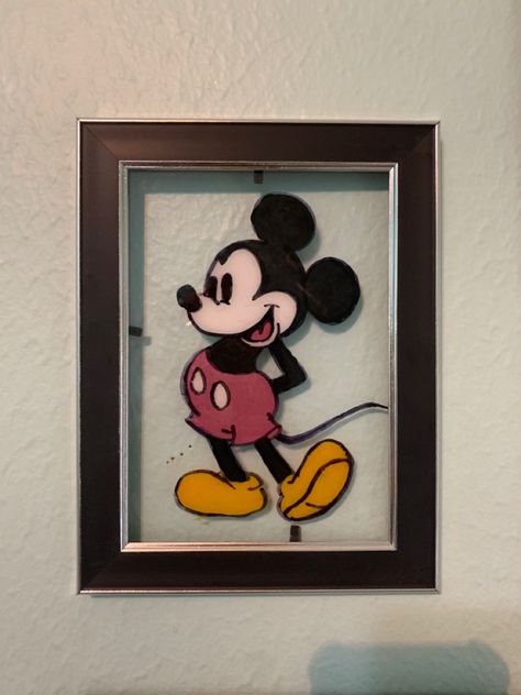 Cartoon Glass Painting, Glass Painting Cartoon, Disney Glass Painting, Mickey Mouse Stained Glass Art, Mickey Mouse Mini Canvas Painting, Mickey Mouse Painting Canvases, Mickey Mouse Acrylic Painting, Diy Science Experiments, Buddha Art Painting