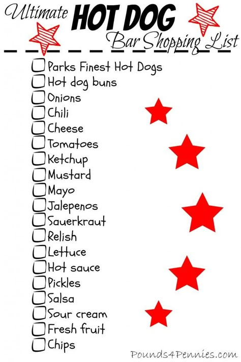 How to create a Hot Dog Bar with FREE Shopping list printable. Easy party idea for 4th of July. Independence Day Party idea. Take this to the store and you are done. Coney Bar Ideas, Hot Dog Bar Ideas, Backyard Bbq Party Food, Backyard Bbq Birthday Party, Backyard Party Food, Hot Dog Party, Backyard Bbq Wedding, Bbq Birthday Party, Bbq Party Food