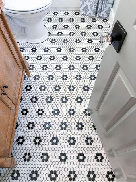 Saving Etta: Upstairs Bathroom Reveal Jeffrey Court Floral Terrace Floor Tile Flower Penny Tile Bathroom, Penny Tile Vs Hexagon Tile, Bathroom Flower Tile, Flower Tile Floor, Bathroom Hex Tile, Penny Floor Bathroom, Hexagon Flower Tile, Hex Tile Bathroom Floor, Floral Tile Bathroom