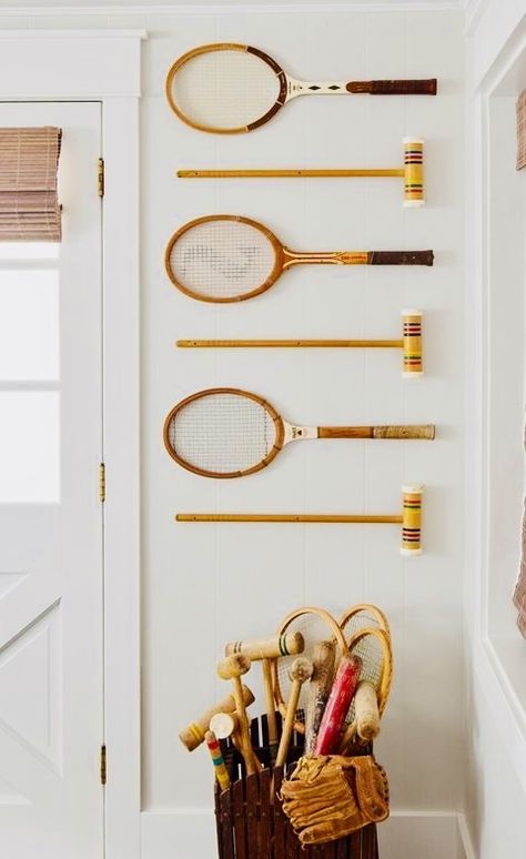 Paddle Headboard Ideas, Vintage Sports Basement, Vintage Water Ski Decor, Vintage Tennis Racket Decor Wall Art, Tennis Racket Wall Decor, Croquet Decor, Vintage Tennis Racket Decor, Croquet Aesthetic, Lake Lodge Decor