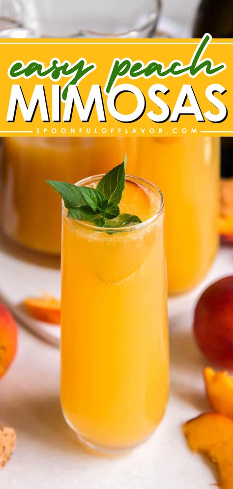 Kickstart summer starting with this Peach Mimosa Recipe! This fun summer cocktail is light, refreshing, and perfect for sipping by the pool or at a brunch gathering with friends. It also makes the best 4th of July cocktail recipe! Peach Mimosa Recipe Champagne, Flavored Mimosa Recipe, Mimosa Flavor Ideas, Easter Mimosa Ideas, Summer Mimosa Recipe, Mimosa Flight Ideas, Peach Mimosa Recipe, Flavored Mimosas, Peach Mimosas