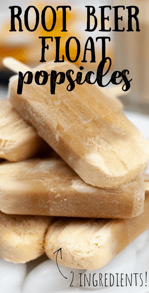 Creamy root beer float popsicles are quick and easy to make! Only 2 ingredients, these delicious cold root beer ice pops are a perfect summer treat! Great frozen treat for a sunny summer day! #DIYpopsicles #howtomakerootbeerfloatpopsicles #easysummerdesserts #rootbeerfloatpops #frozendesserts #nobakedesserts #summerdesserts #popsicles #rootbeerpops #RootBeerFloat #popsiclerecipes #sodarecipes Root Beer Popsicles, Root Beer Float Popsicles, Homemade Root Beer, Chocolate Covered Bananas Frozen, Homemade Rootbeer, Beer Float, Homemade Popsicles, Easy Summer Desserts, Root Beer Float