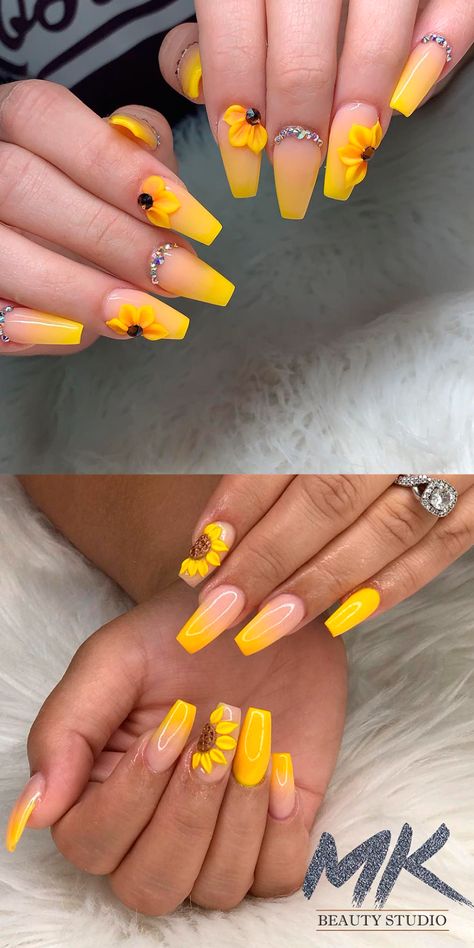 Ombre Nails With Sunflower, Yellow Ombre Nails, Acrylic Nails Yellow, Cowboy Nails, Yellow Nail Art, Yellow Nails Design, Sunflower Nails, Yellow Ombre, Vibrant Nails