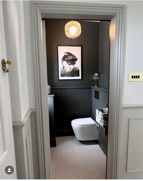 Dark Wc, Guest Wc Ideas, Large Downstairs Toilet Ideas, Small Toilet Ideas Downstairs Loo Paint Colors Dark Walls, Farrow And Ball Downpipe Bathroom, Dark Green Downstairs Toilet, Downstairs Cloakroom Ideas, Dark Cloakroom Toilet, Cloakroom Toilet Ideas Downstairs Loo