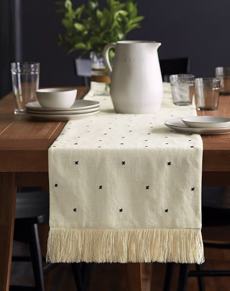 Hearth and Hand Preview - PureWow Cream Table, Magnolia Collection, Hearth & Hand With Magnolia, Embroidered Table Runner, Target Home Decor, Chip And Joanna Gaines, Dark Wall, White Dishes, Hearth And Hand