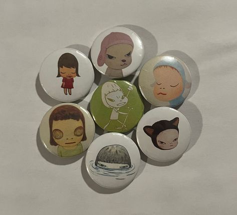 seven yoshimoto nara pins included handmade :) coins shown for scale 1.25 inches tracking info provided when shipped Pins For Bags, Yoshimoto Nara, Pines Aesthetic, Pins For Backpacks, Bag With Pins Aesthetic, Yoshitomo Nara Bandages, Bag Pins Aesthetic, Pin Ideas Button, Yoshitomo Nara Figures