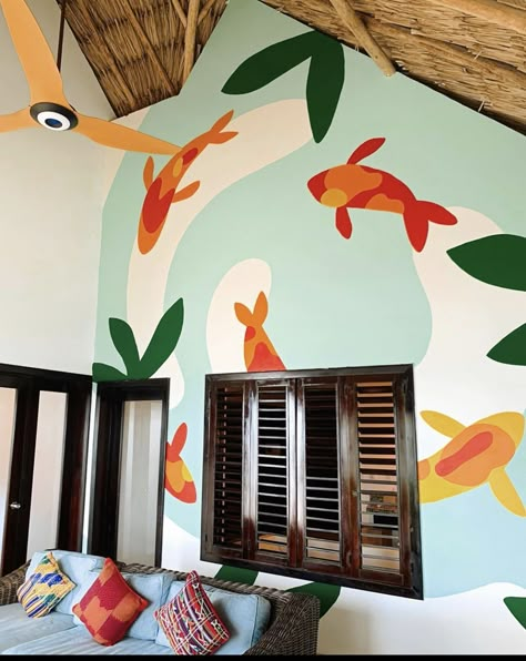 Bright Colored Murals, Pool Murals Painted Walls, Indie Painting Ideas On Canvas, Fun Mural Ideas, Vsco Painting Ideas, Painting Ideas On Canvas Anime, Painting Ideas On Canvas Animals, Ghibli Mural, Hand Painted Murals For Home