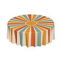 70s Birthday Party Ideas, Themed Dinners Ideas, Retro Party Decorations, Boho Tablecloth, Farmhouse Tablecloths, Tea Tables, Round Kitchen Table, Striped Tablecloths, Retro Table