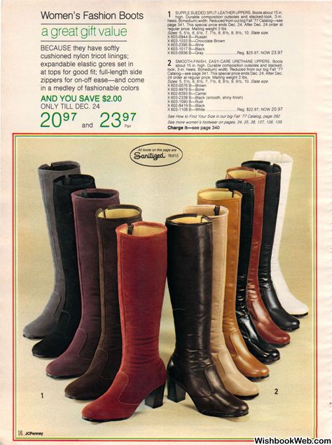 J.C. Penney, 1977 60s Boots, Jcpenney Christmas Catalog, 70s Boots, 80s Shoes, 70’s Style, Christmas Catalogs, Christmas Book, Knee Boot, Fashion Marketing