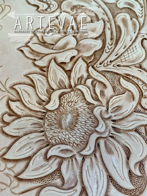 Tooled leather by Tamra @artevae Tooled Flower Pattern, Tooled Leather Tattoo Sleeve, Leather Business Card Holder, Sunflowers And Roses, Steampunk Leather, Leather Tooling Patterns, Bead Loom Designs, Tooling Patterns, Leather Craft Patterns