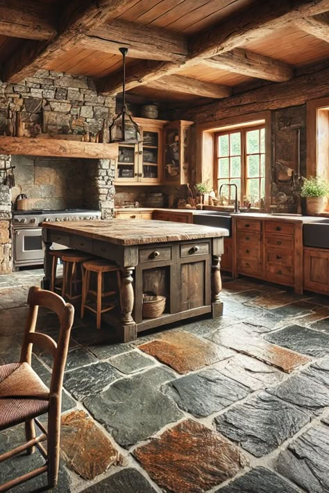 Rustic Look Kitchen, Luxury Flooring Design, Beautiful Rustic Kitchens, Rustic House Outside, Slate Flooring Kitchen, Earthy Flooring, Stone And Wood Kitchen, Stone Houses Rustic, Rustic Stone Kitchen