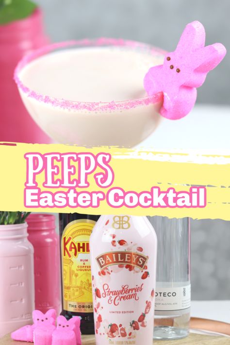 Peeps easter cocktail. Make a delicious and indulgent cocktail for Easter. Peeps Drink Recipes, Easter Drinks Alcohol Pitcher, Easter Party Ideas For Adults, Easter Drinks For Adults, Hosting Easter Ideas, Peeps Cocktail, Fun Easter Drinks, Easter Hosting Ideas, Easter Alcoholic Drinks