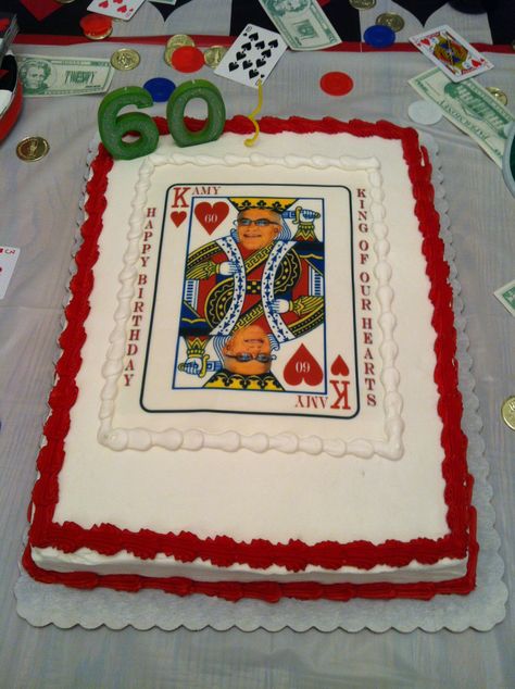 King of Our Hearts Poker theme 60th Birthday Party - King of Hearts face card custom cake King Of Our Hearts Birthday, Sheet Cake Designs, Cake Inspo, King Of Hearts, Heart Face, Bday Cake, 60th Birthday Party, Heart Cake, Face Card