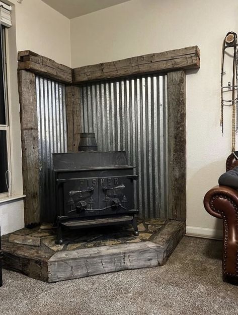 Coal Stove Ideas Living Rooms, Woodstove Backing Ideas, Wood Stove Wall Behind, Brick Wood Stove Surround, Tile Behind Wood Stove, Rustic Wood Stove Surround, Fireplace Tiling, Wood Stove Decor, Wood Burning Stove Corner