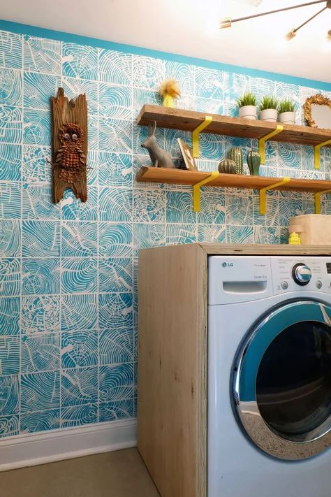 Cheery Laundry Room Revamp for $425 | Hometalk Ikea Headboard Hack, Easy Wall Stencil, Ikea Headboard, Yellow Laundry Rooms, Diy Laundry Room Makeover, Diy Closet Doors, Tiled Wall, Basement Laundry Room, Basement Laundry