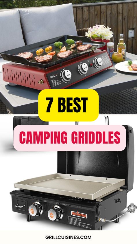 Discover the 7 best portable camping griddles perfect for your outdoor cooking adventures! These top-rated outdoor griddles are lightweight, portable, easy to use, and are perfect fro tailgating.From camping breakfast pancakes to camping dinner burgers, elevate your camping meal experience with these must-have griddles! Camping Food On Griddle, Camping Meals Breakfast, Griddle Temperature Guide, Camping Griddle, Gas Griddles, Camping Dinner, Table Top Grill, Meals Breakfast, Camping Meal