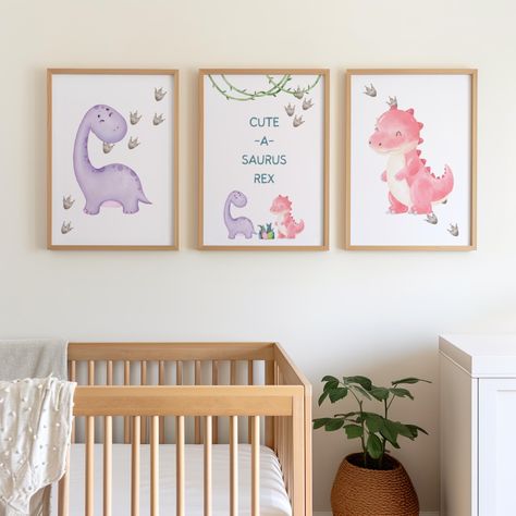 Baby Girl Dinosaur Decor, Set Of 3, Nursery Printable Wall Art, Dino Prints, Watercolor Animal Prints, Boho, Baby Shower Gift, Kids Room Dinosaur Nursery Girl, Dinosaur Room, Baby Zimmer, Girl Dinosaur, Cadeau Baby Shower, Dinosaur Nursery, Nursery Room Inspiration, Dinosaur Decor, Beautiful Prints