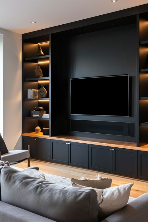 Black Living Room Panelling, Black And White Built Ins Living Room, Black Lounge Wall, Rooms With Black Accent Wall, Moody Basement Living Room, Black White Wood Living Room, Dark Tv Wall, Black Media Wall, Black Feature Wall Living Room