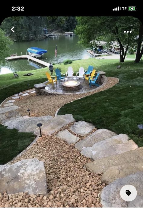 Downhill Sloped Backyard Ideas, Slope Fire Pit, Fire Pit Built Into Hillside, Fire Pit On Slope, Fire Pit On A Slope, Fire Pit On Sloped Yard, Hillside Fire Pit, Country Backyard Ideas, Natural Stone Fire Pit