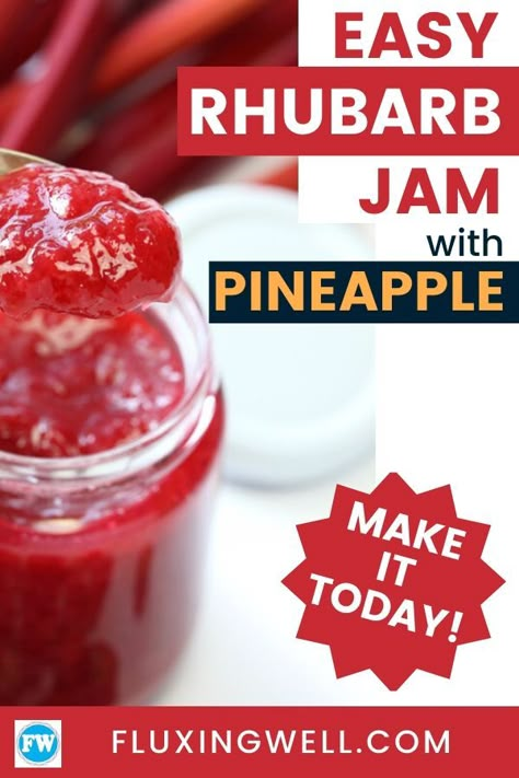 Easy Rhubarb Jam with Pineapple will give you simple instructions for how to can jam. This rhubarb jam recipe would make a terrific canning project for someone learning how to make jam. Homemade jam doesn't have to be complicated, and with this easy jam recipe, it's not. Do your own jam canning and surprise people with lovely canning gifts. This is one of the best canned jam recipes for beginners, with a surprise ingredient that makes it nearly foolproof. #rhubarbrecipe #bestcanningrecipes Rhubarb Jam Recipes Easy, Blueberry Rhubarb Crisp, Canned Jam, Pineapple Jam Recipe, Recipe With Pineapple, Canning Gifts, Easy Jam Recipe, Jam Homemade, Rhubarb Jam Recipes