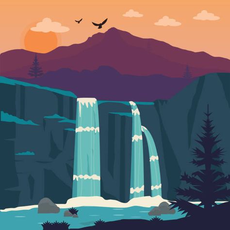 Waterfall Drawing, Scenery Mountain, Mountains Drawing, Clouds Illustration, Waterfall Forest, Vector Landscape, Cloud Illustration, Mountain Drawing, Waterfall Landscape