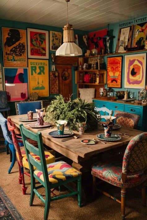 Boho Dining Table And Chairs, Boho Mexican Decor, Fun Dining Room, Dining Room Colorful, Funky Dining Room, Painted Dining Room Table, Bohemian Dining Room, Eclectic Dining Room, Boho Dining Room