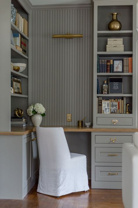 Sw Intellectual Gray, Built In Desk And Shelves, Intellectual Gray, Desk Nook, Home Office Built Ins, Office Built Ins, Built In Shelves Living Room, Inset Cabinets, Workspace Desk