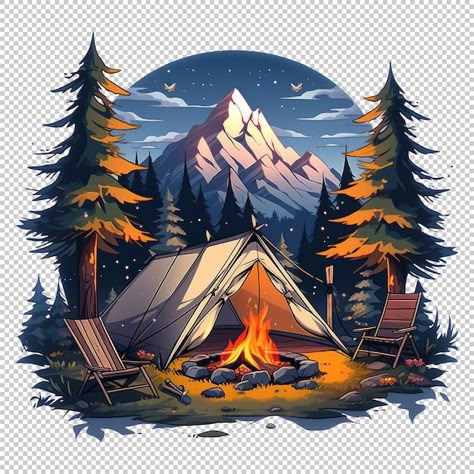 Campfire tent in the mountain | Premium Psd #Freepik #psd #night #nature #tree #mountain Clip Art Frames Borders, Tree Mountain, Camper Art, Night Nature, Mountain Drawing, Iphone Wallpaper Landscape, Nature Camping, Tshirt Printing Design, Tree Stickers