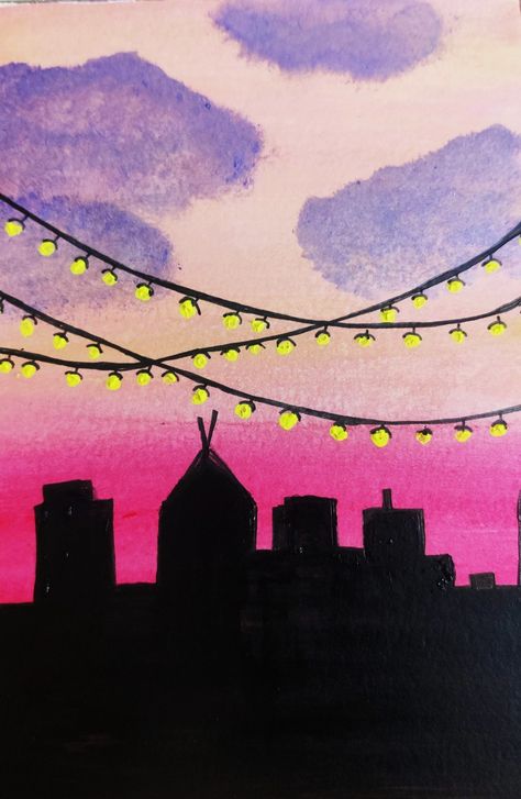 City Lights Drawing Easy, City Lights Sketch, City Lights Painting Acrylic, Night City Painting Easy, City Lights Drawing, Fairy Lights Drawing, Fairy Lights Painting, City Drawing Easy, City Scape Drawing