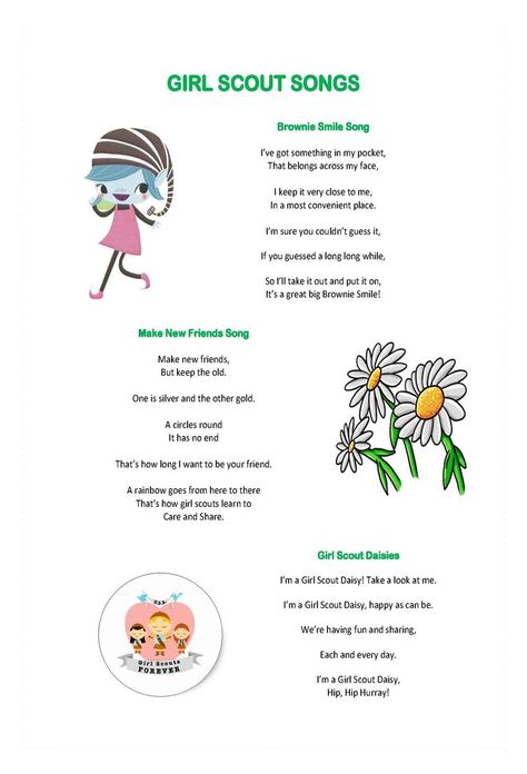 Daisy Song, Girl Scout Brownies Meetings, Girl Scouts Games, Girl Scout Songs, Girl Scout Daisy Activities, Girl Scout Meeting Ideas, Girl Scout Promise, Girl Scout Mom, Girl Scout Bridging