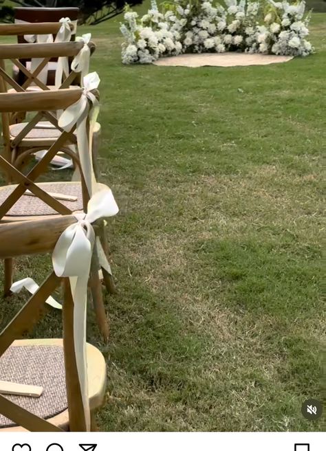 Ribbon Isle Wedding, White Chair Bows Wedding, Isle Chair Decorations Wedding, Chairs At Wedding Ceremony, Bow On Chair Wedding, Bow Aisle Markers, Isle Chair Decor Wedding, Aisle Bows For Wedding, White Wedding Chairs Ceremony