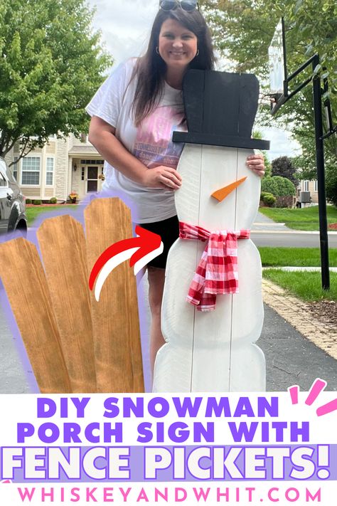 Grab $3 wood fence pickets NOW to make these EASY Christmas DIYs - Whiskey & Whit Fence Picket Welcome Sign Diy, Fence Picket Snowman, Fall Fence Picket Projects, Crafts With Bricks, Fence Picket Projects Diy, Christmas Porch Signs Diy, Wooden Snowman Diy Front Porches, Diy Wooden Christmas Decor, Wood Christmas Crafts Diy