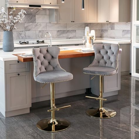 BAXMUY Swivel Bar Stool Adjustable Counter Height Barstools, Velvet Upholstered Chrome Gold Base Bar Chair with Backs Tufted, for Home Pub and Kitchen Island Chairs, Gray Bar Chairs Set of 2. This post contains affiliate links. Velvet Barstools, Grey Kitchen Island, Island Chairs, Stools For Kitchen Island, Bar Stools With Backs, Cozy Seating, Stools With Backs, Adjustable Bar Stools, Counter Height Bar Stools