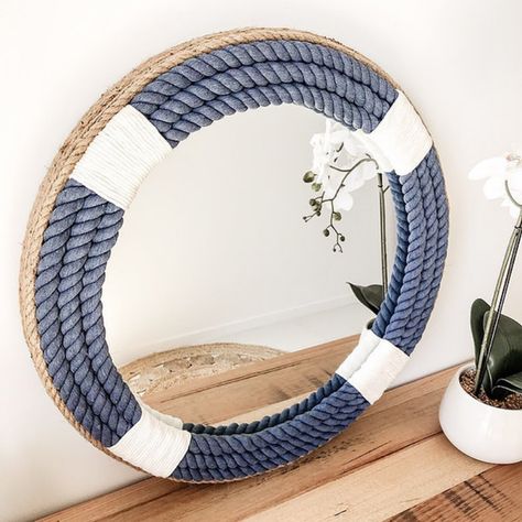 Blue Porthole Rope Mirror | Hamptons Home Jute Rope Mirror, Round Mirror With Rope, Nautical Mirror, Multi Million Dollar Homes, Mirror Home Decor, Mirror Pattern, Rope Mirror, Hamptons Coastal, Rope Frame