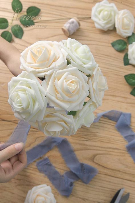 DIY Wedding Bouquets White Bridal Shower Centerpieces Arrangements Party Diy Wedding Bouquets, Fake Roses, Garden Centerpiece, Boda Diy, White Bridal Shower, Artificial Floral Arrangements, Party Tables, Bridal Shower Centerpieces, Making A Bouquet