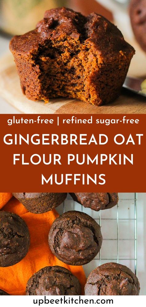 These perfectly moist gingerbread oat flour muffins with pumpkin are refined sugar-free as well as gluten-free! They are the perfect snack. Gluten Free Gingerbread Muffins, Pumpkin Flaxseed Muffins, Pumpkin Bread Oat Flour, Oat Flour Gingerbread, No Flour Muffins, Gluten Free Healthy Muffins, Oat Muffins Gluten Free, Oat Flour Pumpkin Muffins, Pumpkin Gingerbread Muffins